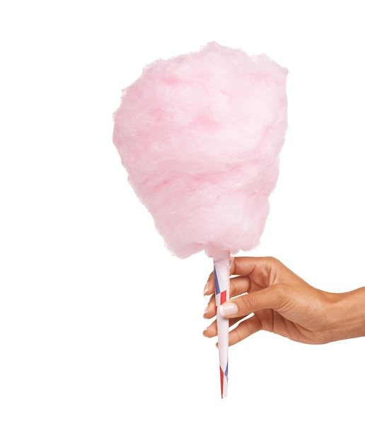 Photo fancy some cotton candy cropped image of a woman holding some delicious candy floss while isolated on white