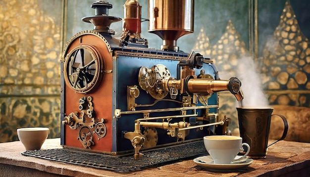 Fancy vintage coffee machine in steampunk style looks like locomotive