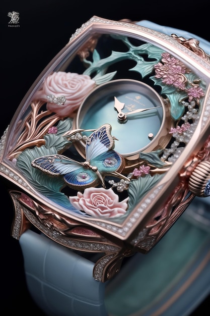 A fancy watch with a butterfly on the face and the numbers 1 and 2 on the face.