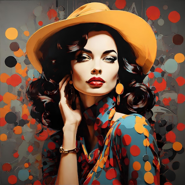 Fancy young woman in yellow hat Benday dots style Popart portrait