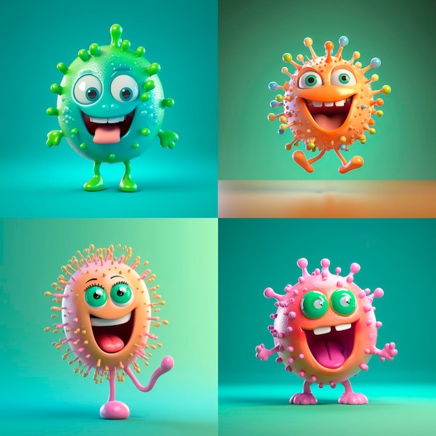 Photo fanny microbes in cartoon stile bacteria microbes cute germs and viruses characters with funny faces generative ai