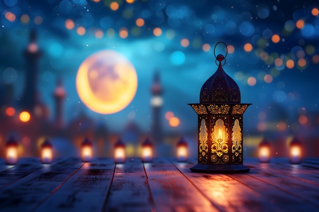 fanous Ramadan lanterns on a table at night with mosque in the background