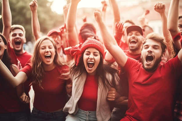 Fans cheering on a sports stadium