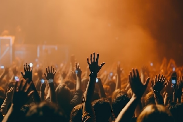 Fans die 's nachts met hun handen zwaaien tijdens een concert foto Generative ai