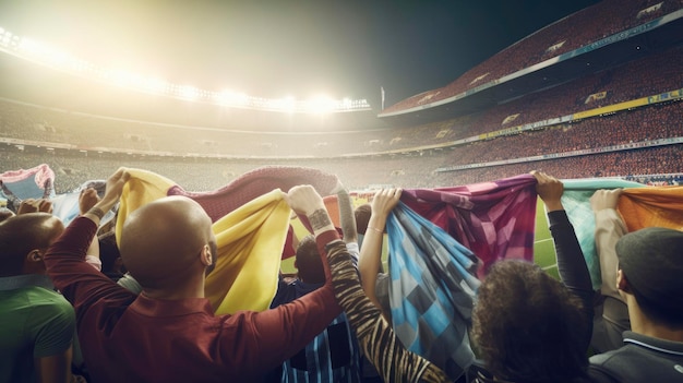 Fans hold up a flag at a stadium