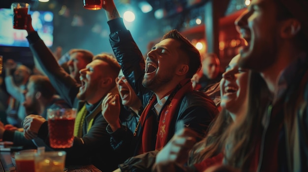 Fans kijken naar een live voetbalwedstrijd vanaf een bar, juichen en steunen hun team. De menigte is enthousiast als het team een doelpunt scoort.