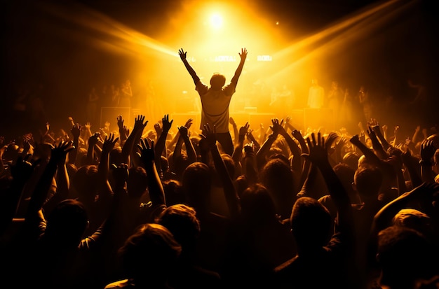 The fans raising their hand at a musical concert scene