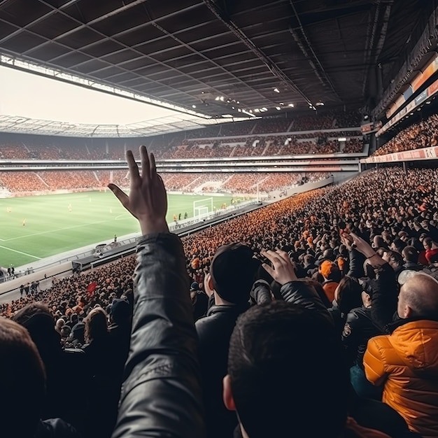 Fans at a sports stadium with one of them raised up