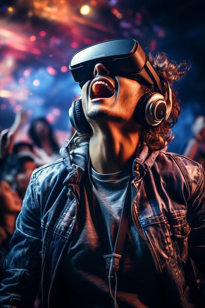 Fans wearing VR headsets attending a virtual concert