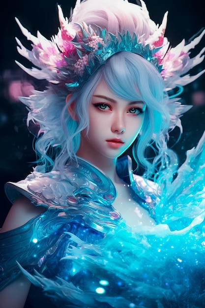 Fantasie Anime vrouw met blauw haar en draak Game Character concept Ai gegenereerd