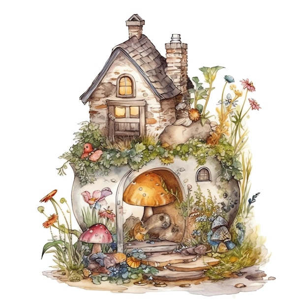 Fantasie aquarel fantasie sprookje huis illustratie