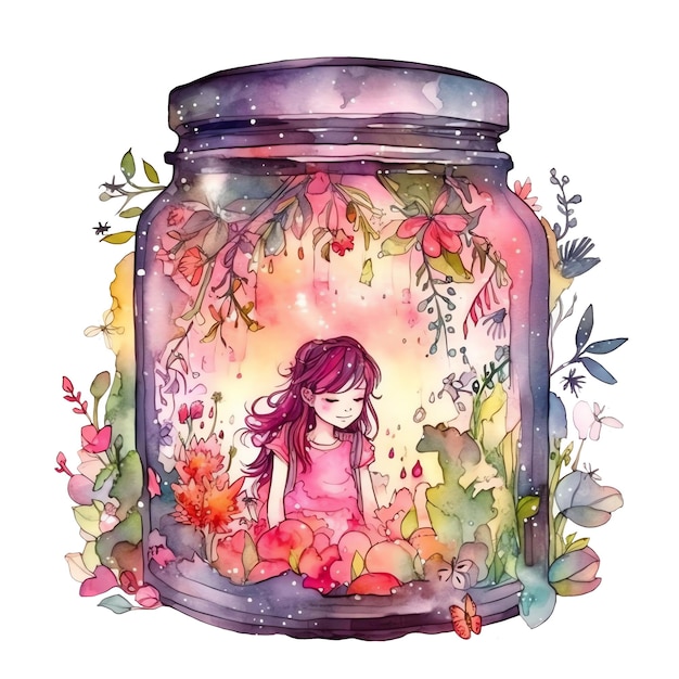 Fantasie aquarel fee in een pot illustratie