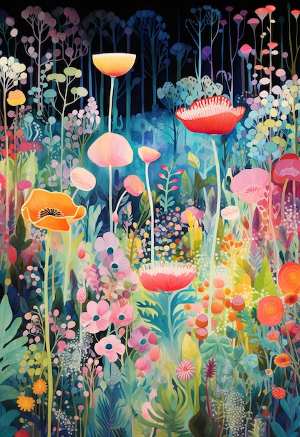 Fantasie aquarel landschap met bloementuin Prachtige aquarel bloemen illustratie met heldere verzadigde kleuren AI gegenereerd