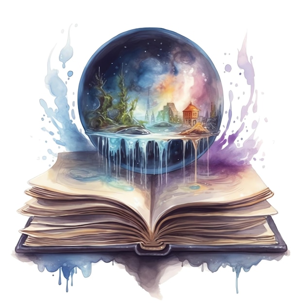 Fantasie aquarel open boek van fantasie magische wereld illustratie