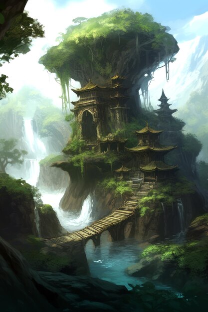 Foto fantasie bos jungle huis concept art generatieve ai