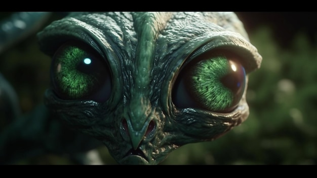 Fantasie buitenaards wezen met groene ogen op een donkere achtergrondgeneratieve ai