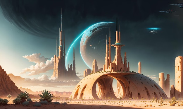 Fantasie buitenaardse planeet dorre woestijn wildernis landschap futuristisch universum sciencefiction kunst aan de muur ontdekking ontdekkingsavontuur Generatieve AI