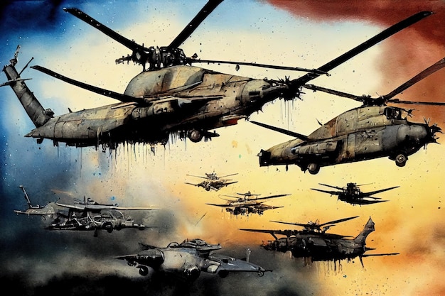 Fantasie concept van militaire helikopter bij zonsondergang horizontale zijaanzicht skyline Pastell kleuren digitale kunst stijl illustratie schilderij