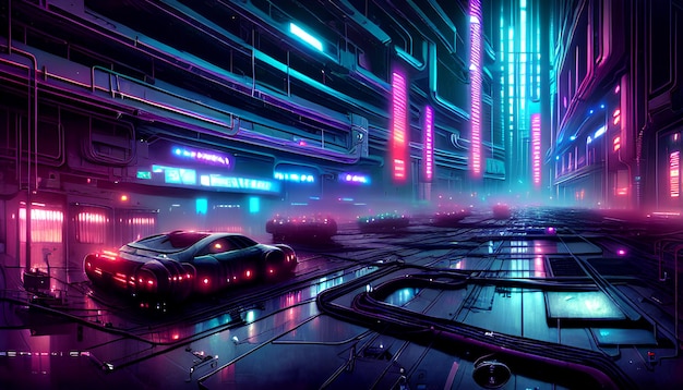 Fantasie cyberpunk synthesizer stad met futuristische auto Cg kunstwerk ontwerpconcept 3D illustratie