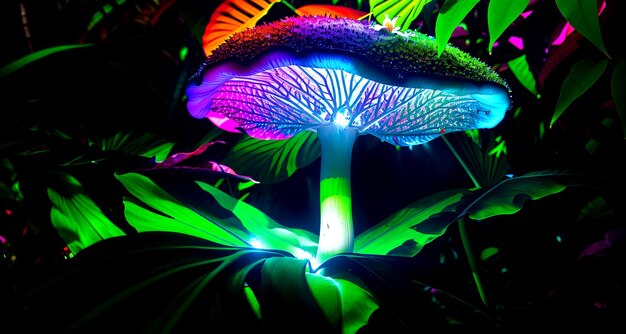 Foto fantasie donker bos met neon gloeiende paddenstoelen