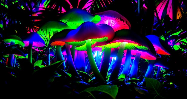 Fantasie donker bos met neon gloeiende paddenstoelen