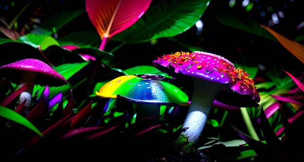 Fantasie donker bos met neon gloeiende paddenstoelen
