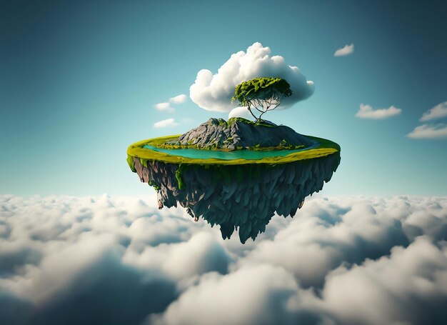 Fantasie drijvend eiland met natuurlijk grasveld op het surrealistische rotslandschap met paradijsconcept