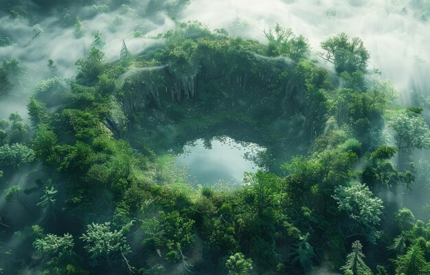 Fantasie eiland drijvend in de wolken met meer in het midden
