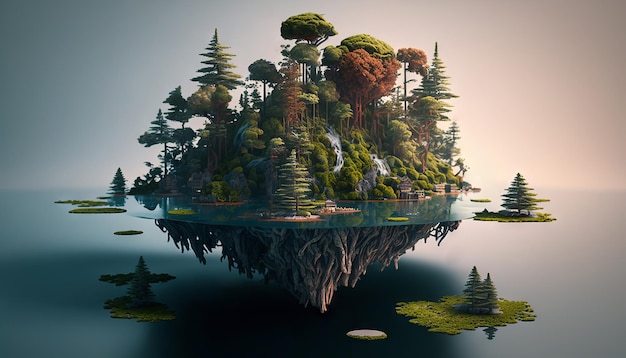 Fantasie-eiland met bomen en sparren Generatieve AI-illustratie