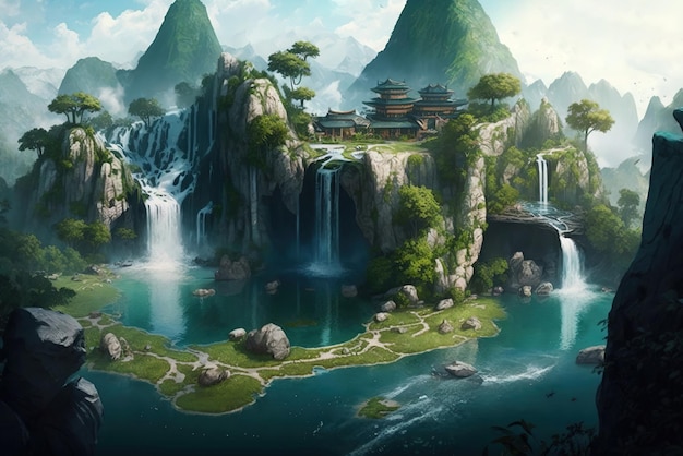 Fantasie-eiland van de wereld met watervallen