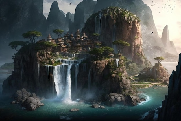 Fantasie-eiland van de wereld met watervallen