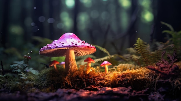 Fantasie gloeiende paddestoelen in een donkere donkere bos close-up gemaakt met Generative AI technologie