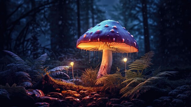 Fantasie gloeiende paddestoelen in een donkere donkere bos close-up gemaakt met Generative AI technologie