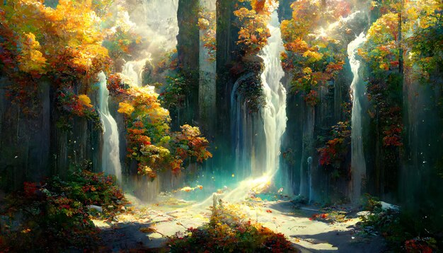 Fantasie herfst watervallen landschap op zonnige dag neuraal netwerk gegenereerde kunst