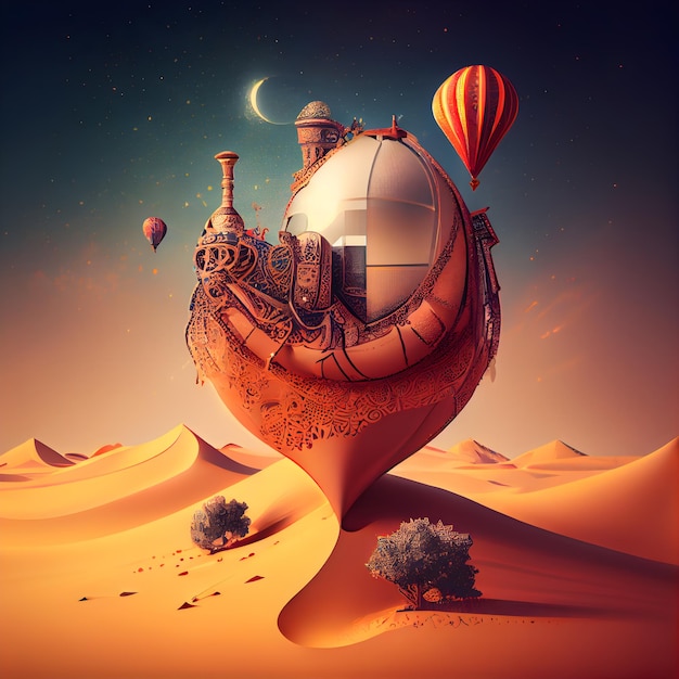 Fantasie hete luchtballon in de woestijn 3D illustratie
