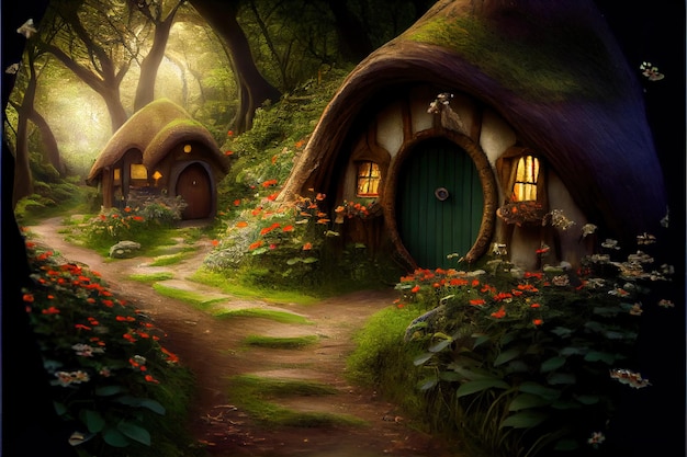 Foto fantasie hobbit-huizen en sprookjesachtig tuinhuis in magisch bos generatieve ai
