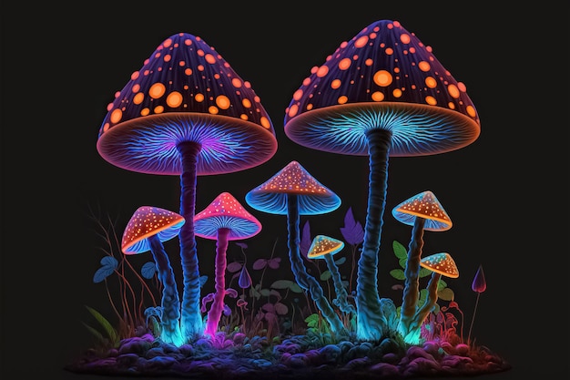 Fantasie illustratie van neon kleur gloeiende paddo's Psychedelische achtergrond Generatieve AI