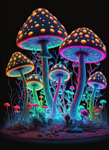 Fantasie illustratie van neon kleur gloeiende paddo's Psychedelische achtergrond Generatieve AI