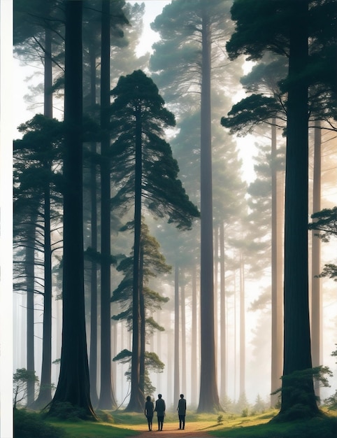 Fantasie landschap met bomen en een man die in het bos loopt