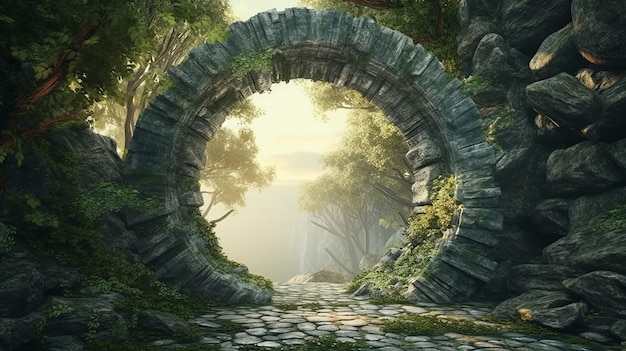 Fantasie landschap met een portaal boog Oude magische stenen poort laten een andere dimensie werkelijkheid