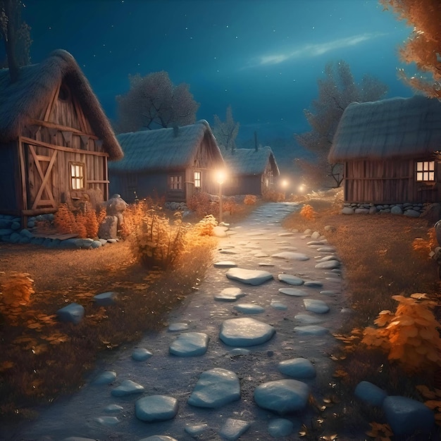 Fantasie landschap met oude houten huizen in het dorp's nachts