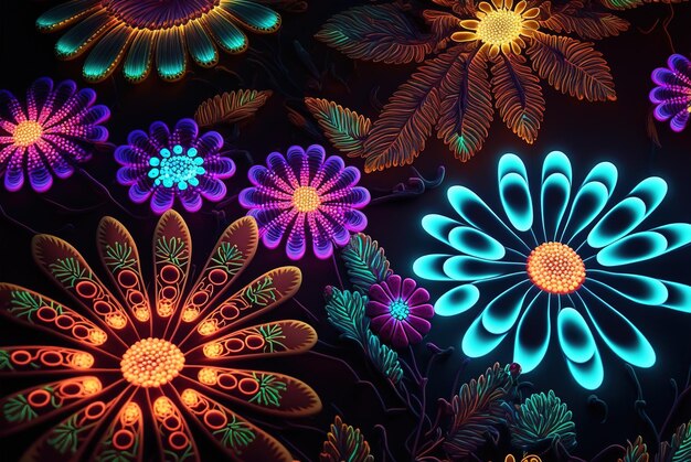 Fantasie lichtgevende bloemen mooie bloemen achtergrond bovenaanzicht generatieve AI