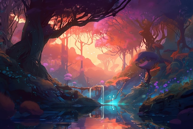 fantasie magisch bos en meer illustratie concept art