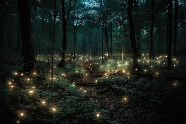 Fantasie magisch bos met gloeiende lichten Generatieve AI