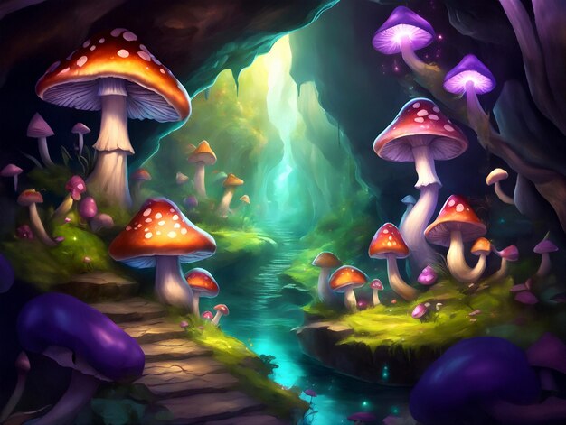 Fantasie magische paddenstoelen in een grot AI illustratie