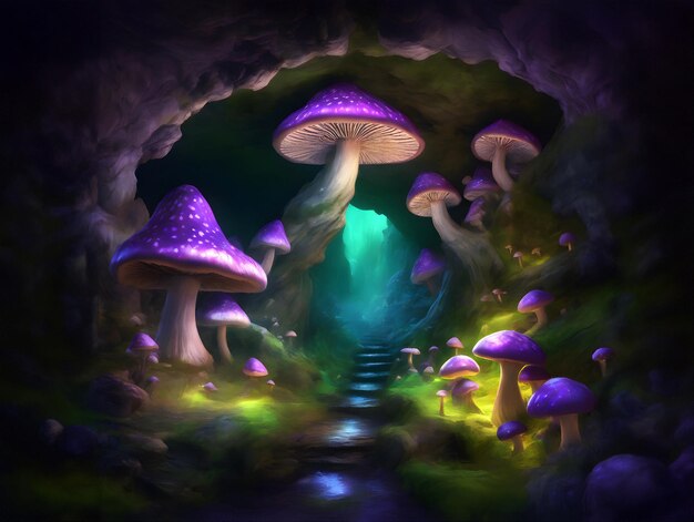 Fantasie magische paddenstoelen in een grot AI illustratie