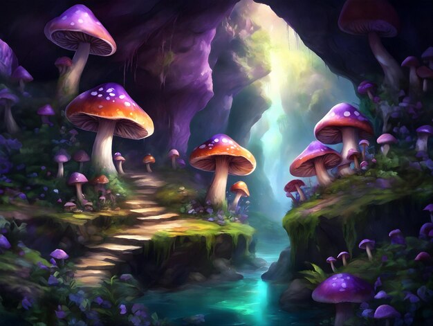 Fantasie magische paddenstoelen in een grot AI illustratie