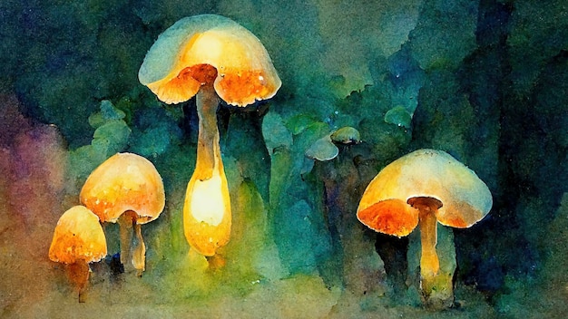 Fantasie magische paddestoelen gloeien in het donker Illustratie aquarel schilderij