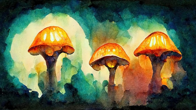 Fantasie magische paddestoelen gloeien in het donker Illustratie aquarel schilderij