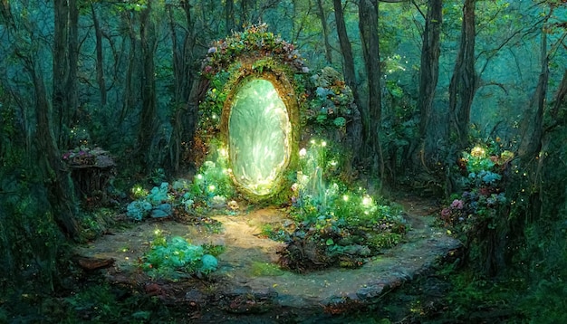 Fantasie magische portaal in mystieke sprookjesbos Fairy deur naar de parallelle wereld 3D illustratie